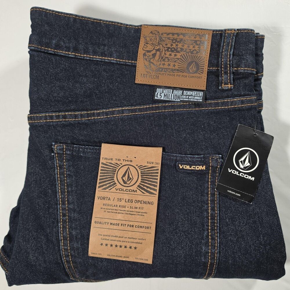 Volcom Jeans Mens 38x32 Blue Vorta Slim Straight Dark Wash Stretch Denim Casual
